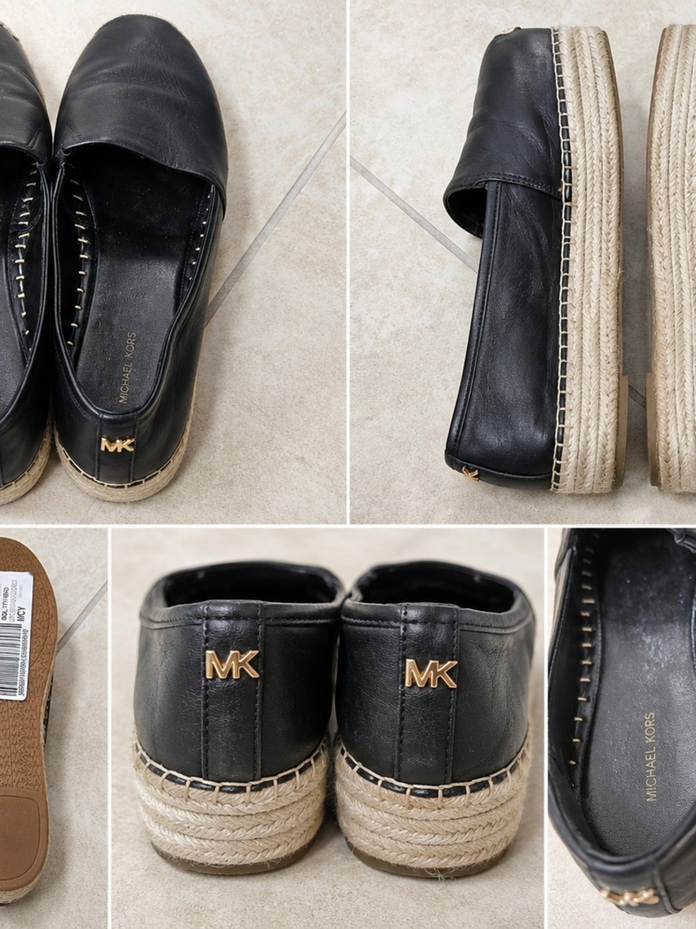 Michael Kors Black Leather Espadrille Slip-On Loafers with Gold MK Accent
